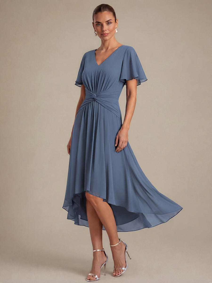 Knot Detail Chiffon Ruffle Sleeve Wedding Guest Dress #color_Dusty Blue