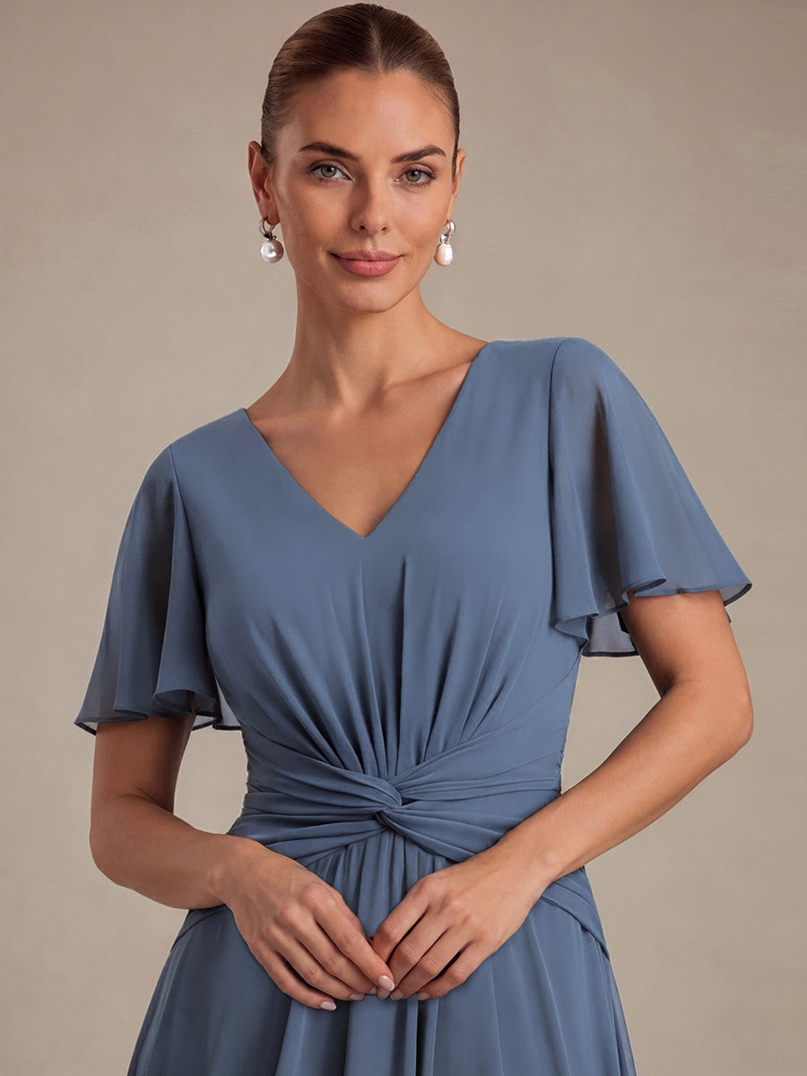 Knot Detail Chiffon Ruffle Sleeve Wedding Guest Dress #color_Dusty Blue
