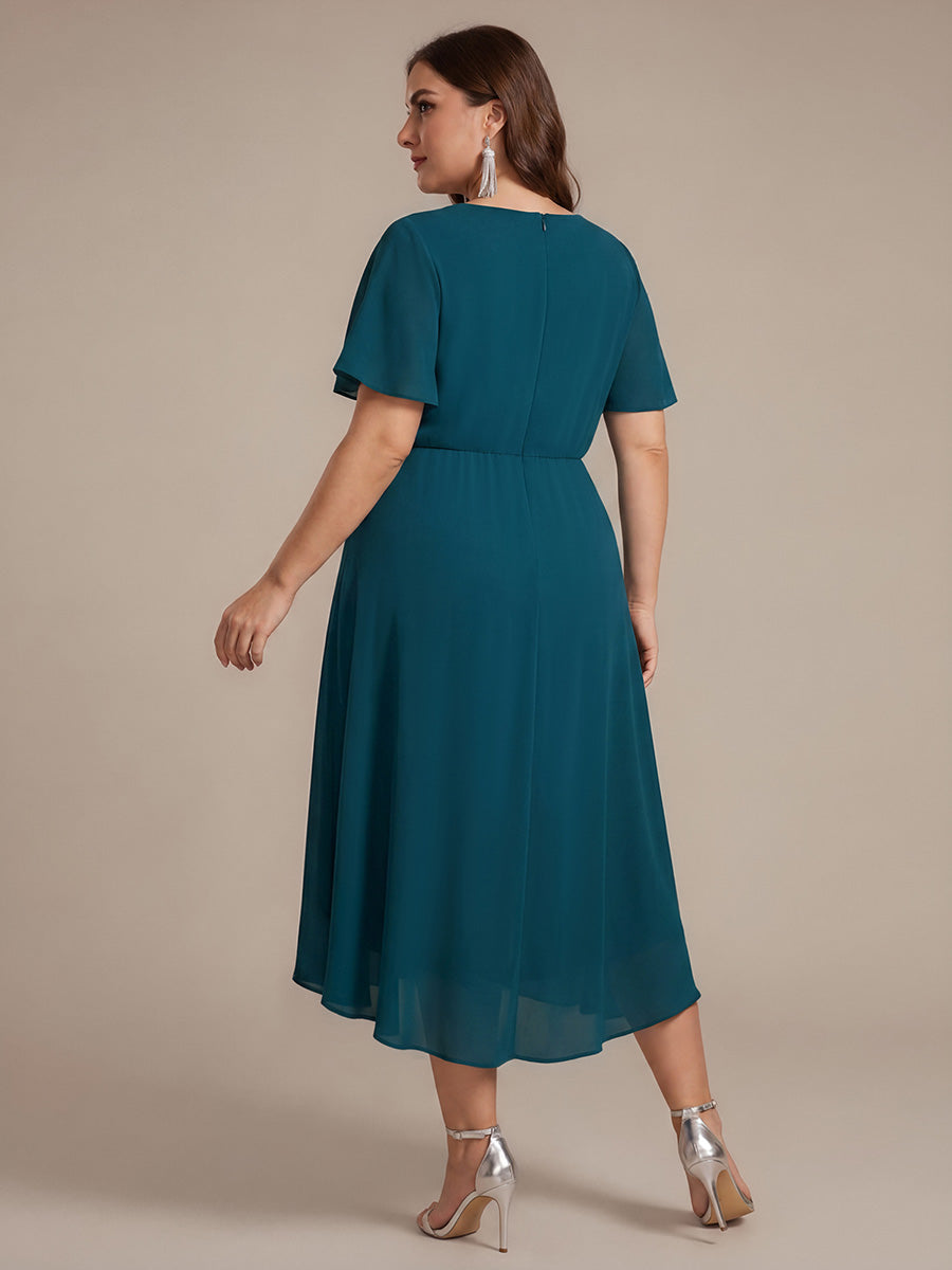 Knot Detail Chiffon Ruffle Sleeve Wedding Guest Dress #color_Teal Blue