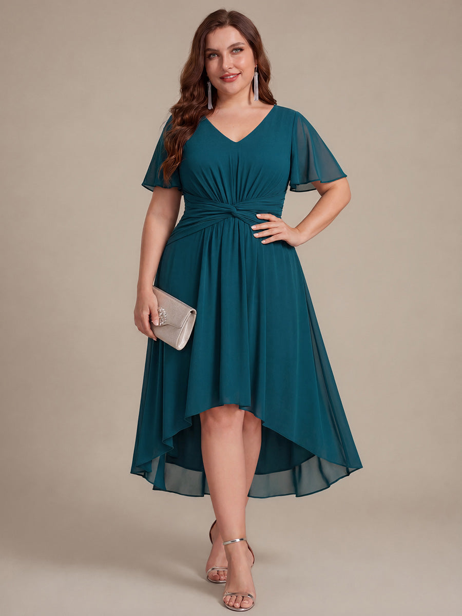 Knot Detail Chiffon Ruffle Sleeve Wedding Guest Dress #color_Teal Blue