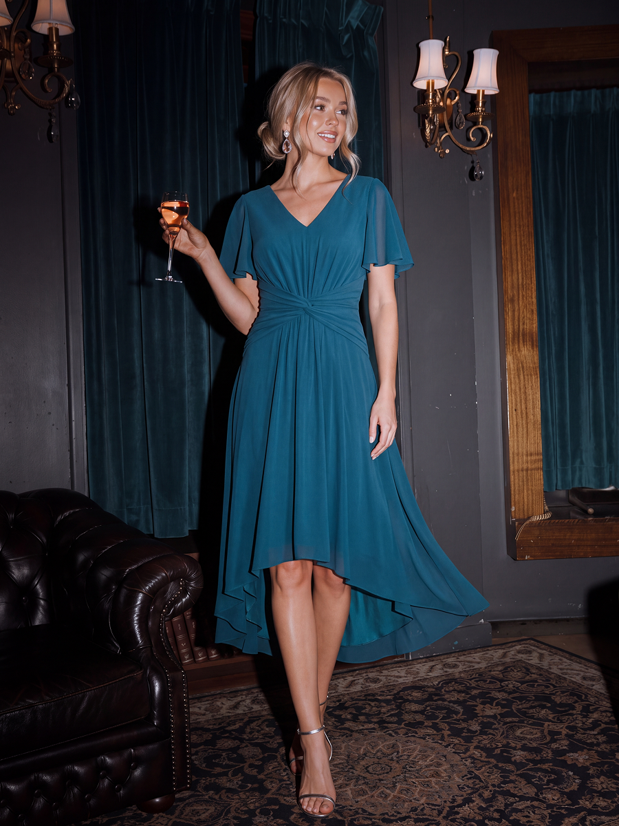 Knot Detail Chiffon Ruffle Sleeve Wedding Guest Dress #color_Teal Blue