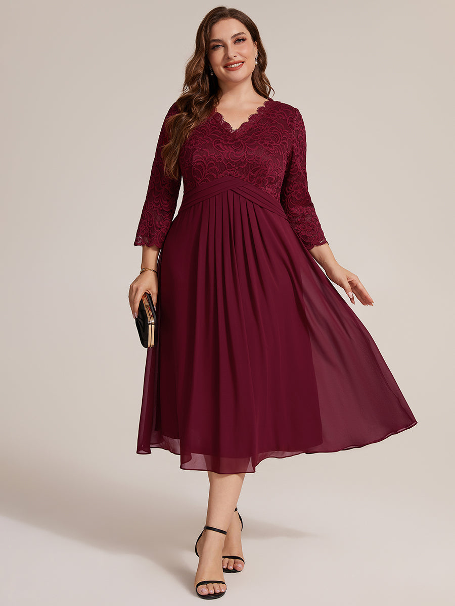 Lace Fitted Sleeve Sheath Wedding Guest Dress #color_Burgundy