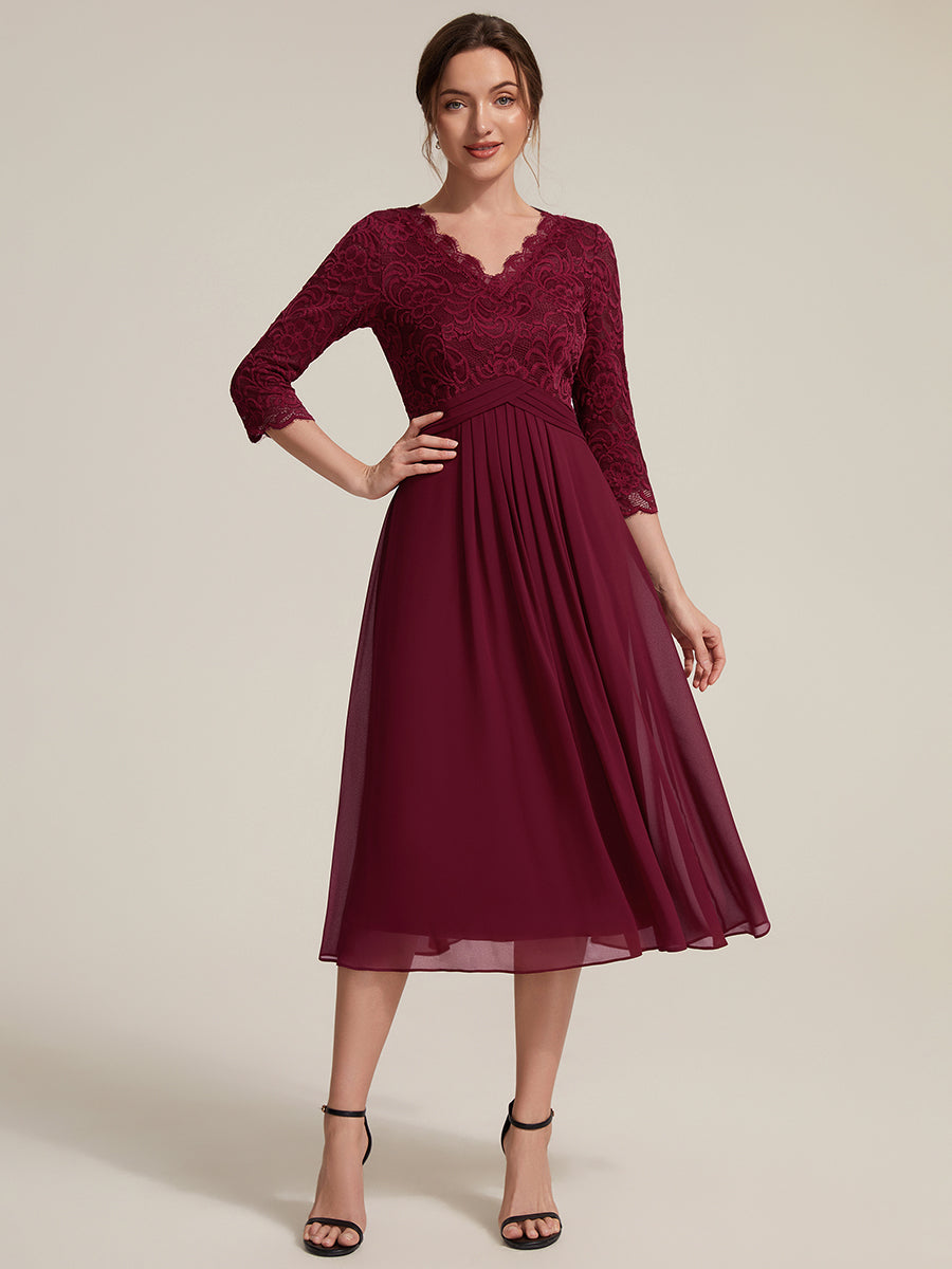 Lace Fitted Sleeve Sheath Wedding Guest Dress #color_Burgundy