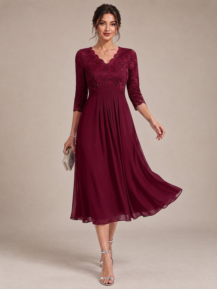 Lace Fitted Sleeve Sheath Wedding Guest Dress #color_Burgundy