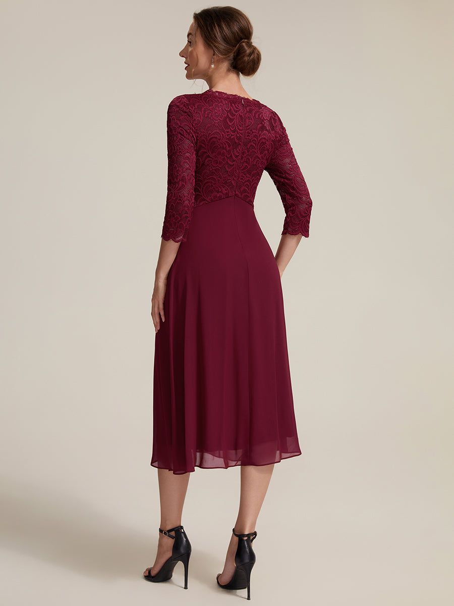 Lace Fitted Sleeve Sheath Wedding Guest Dress #color_Burgundy