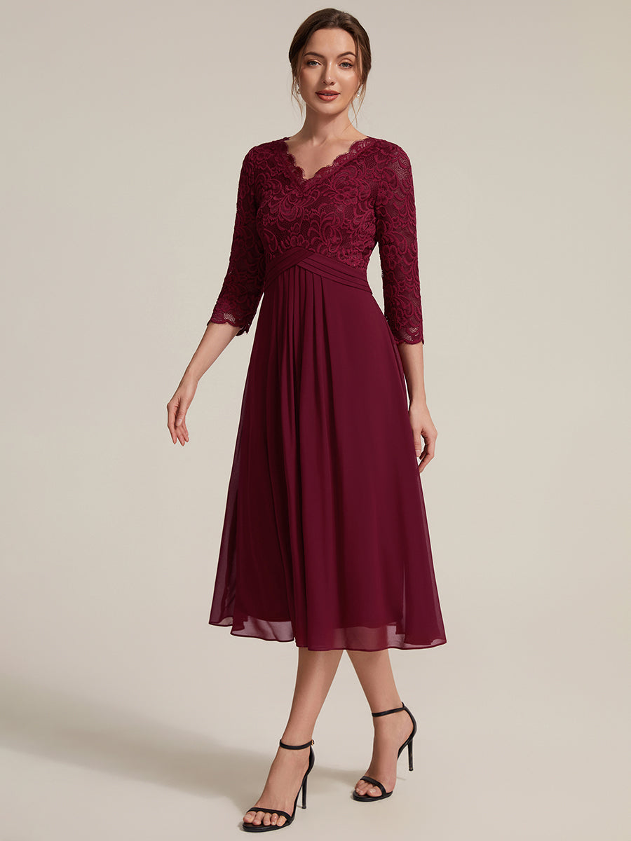 Lace Fitted Sleeve Sheath Wedding Guest Dress #color_Burgundy