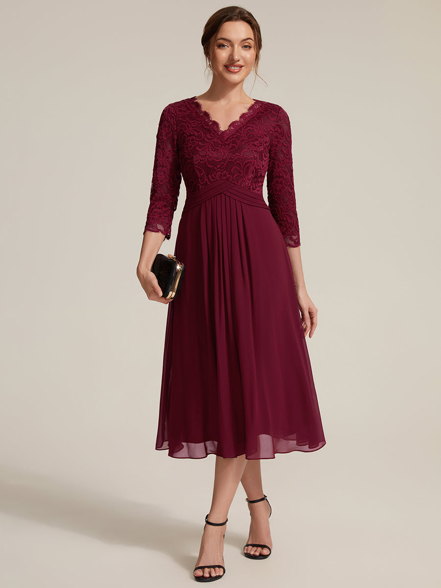 Lace Fitted Sleeve Sheath Wedding Guest Dress #color_Burgundy