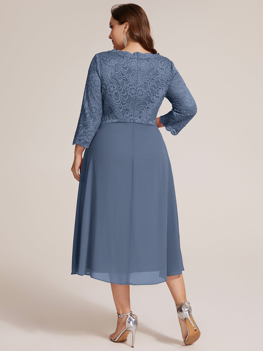 Plus Size Lace Fitted Sleeve Wedding Guest Dress #color_Dusty Blue