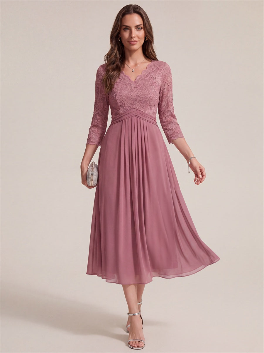 Lace Fitted Sleeve Sheath Wedding Guest Dress #color_Purple Orchid
