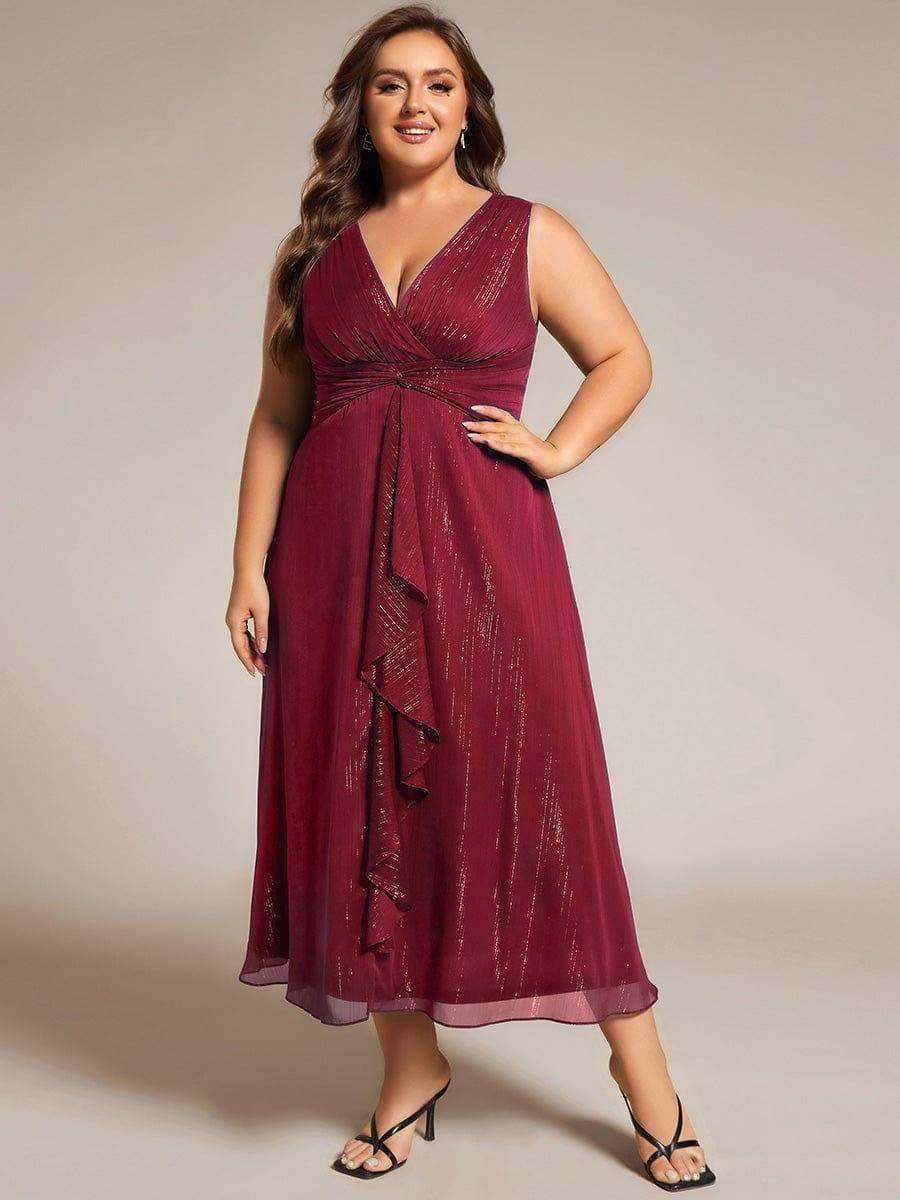 Plus Size Sleeveless Glittery Ruffled V-Neck Midi Wedding Guest Dress #color_Burgundy
