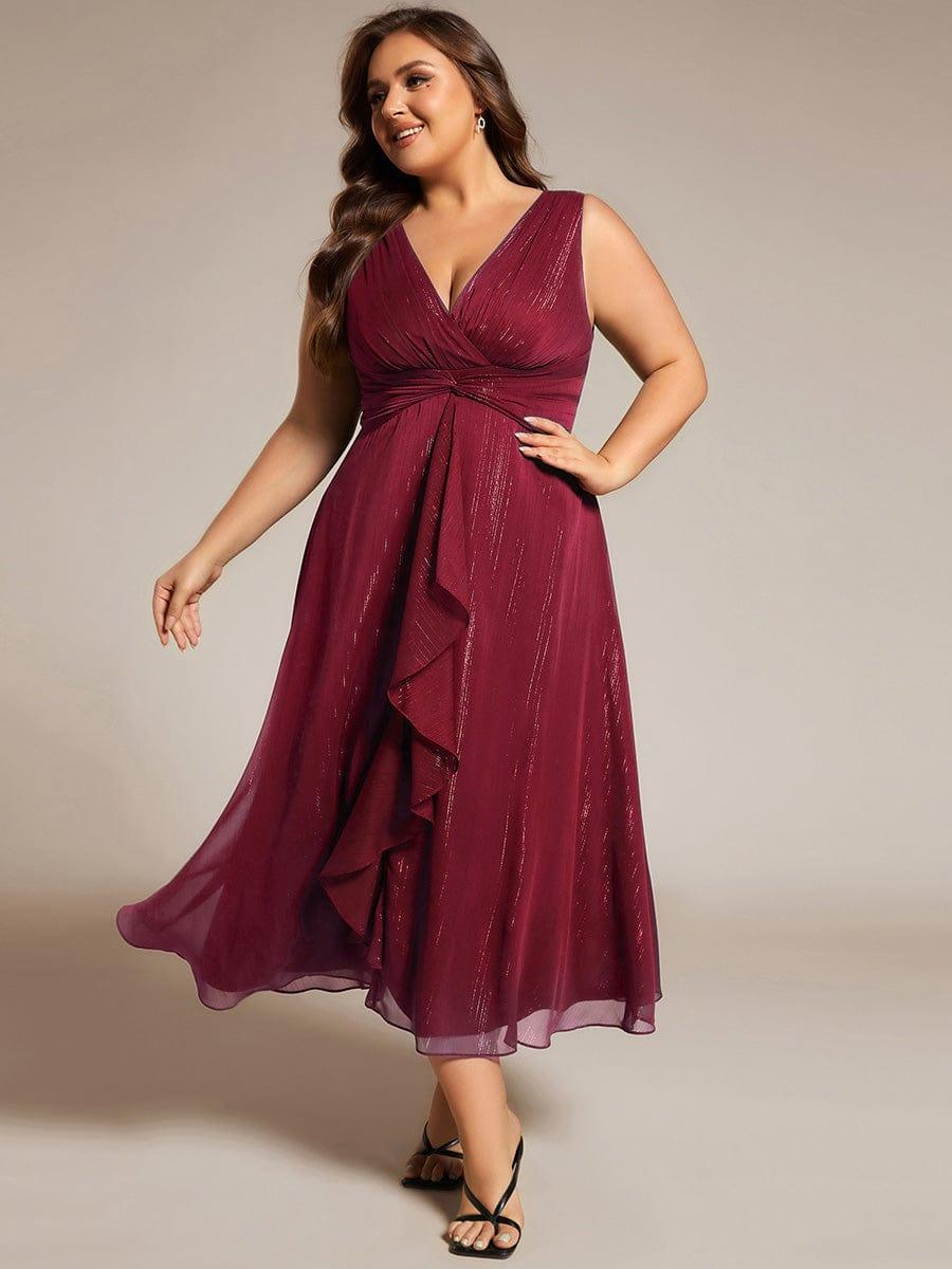 Plus Size Sleeveless Glittery Ruffled V-Neck Midi Wedding Guest Dress #color_Burgundy
