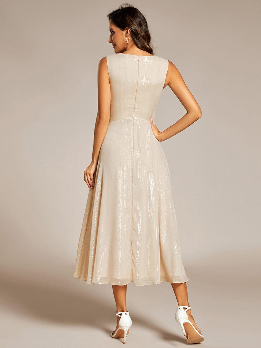 Glitter Sleeveless A-Line Midi Wedding Guest Dress with Ruffled Hem