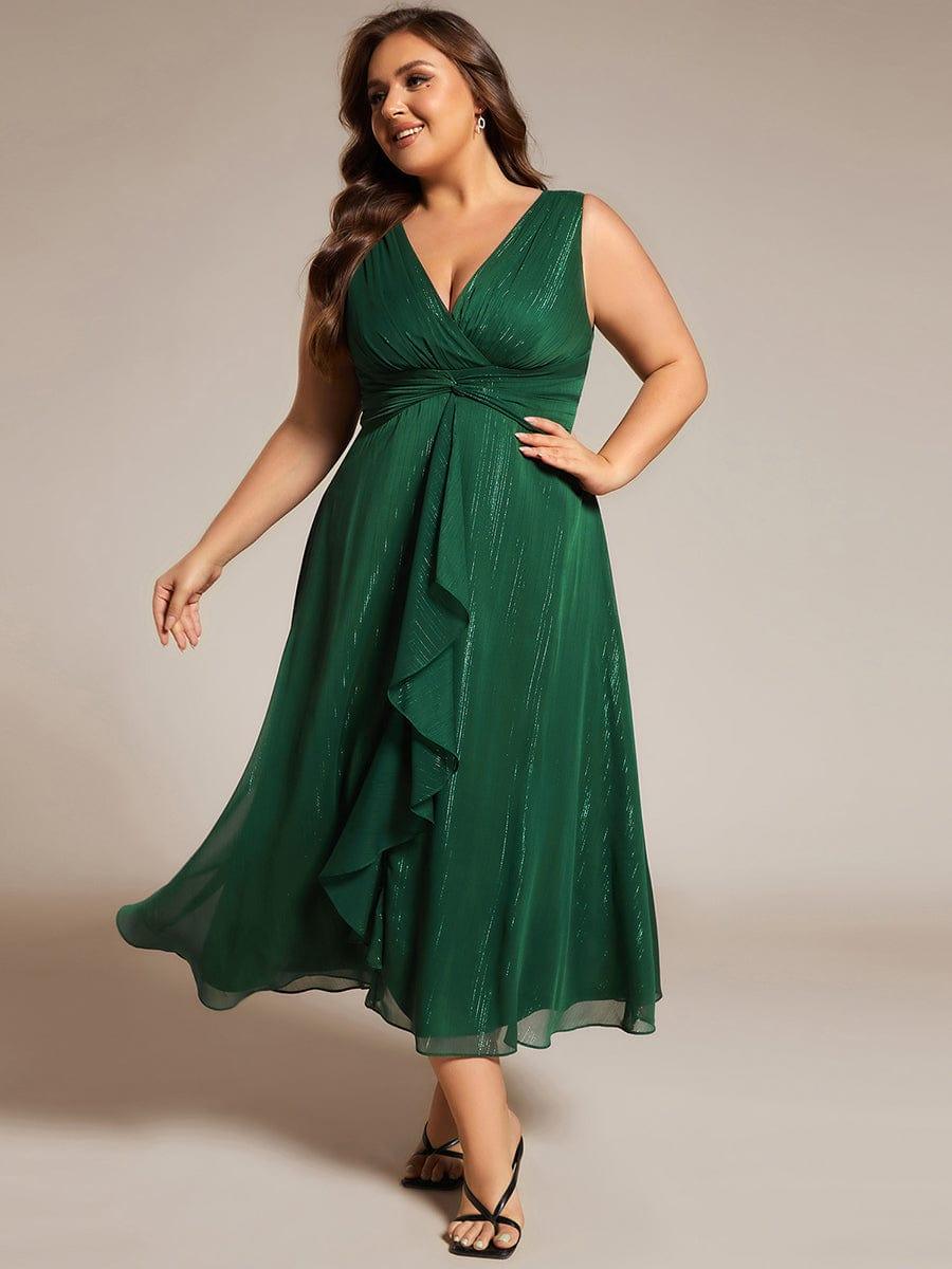 Plus Size Sleeveless Glittery Ruffled V-Neck Midi Wedding Guest Dress #color_Dark Green