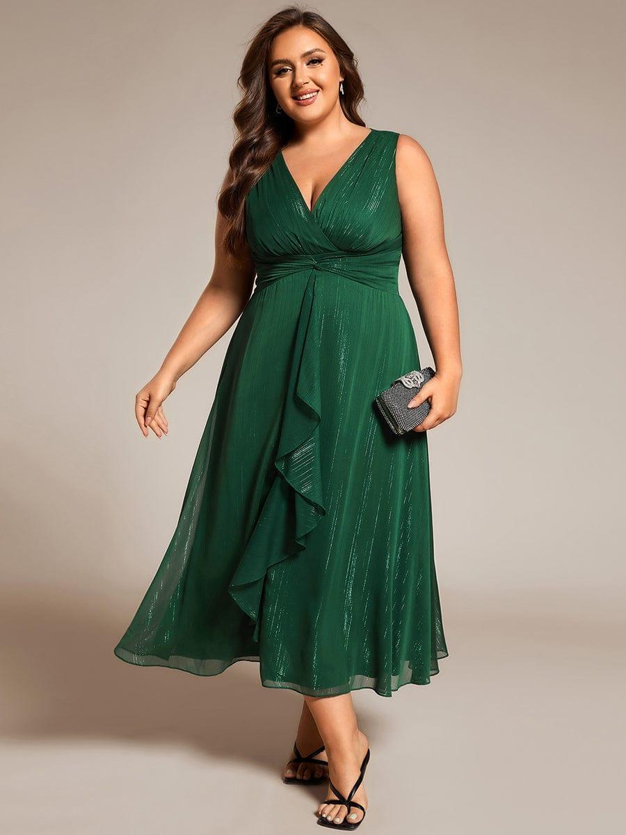 Plus Size Sleeveless Glittery Ruffled V-Neck Midi Wedding Guest Dress #color_Dark Green