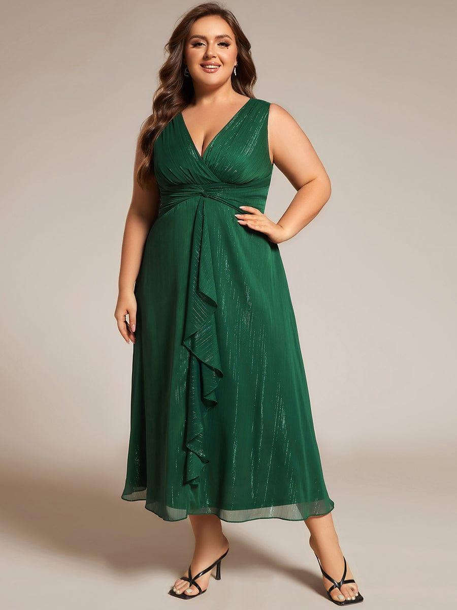 Plus Size Sleeveless Glittery Ruffled V-Neck Midi Wedding Guest Dress #color_Dark Green