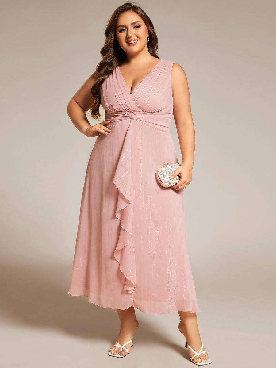 Plus Size Sleeveless Glittery Ruffled V-Neck Midi Wedding Guest Dress #color_Dusty Rose