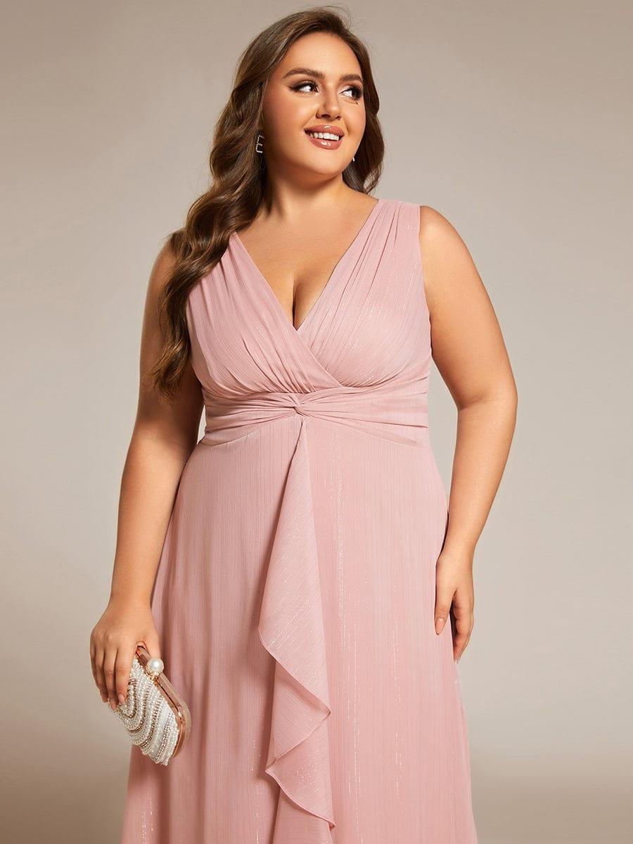 Plus Size Sleeveless Glittery Ruffled V-Neck Midi Wedding Guest Dress #color_Dusty Rose