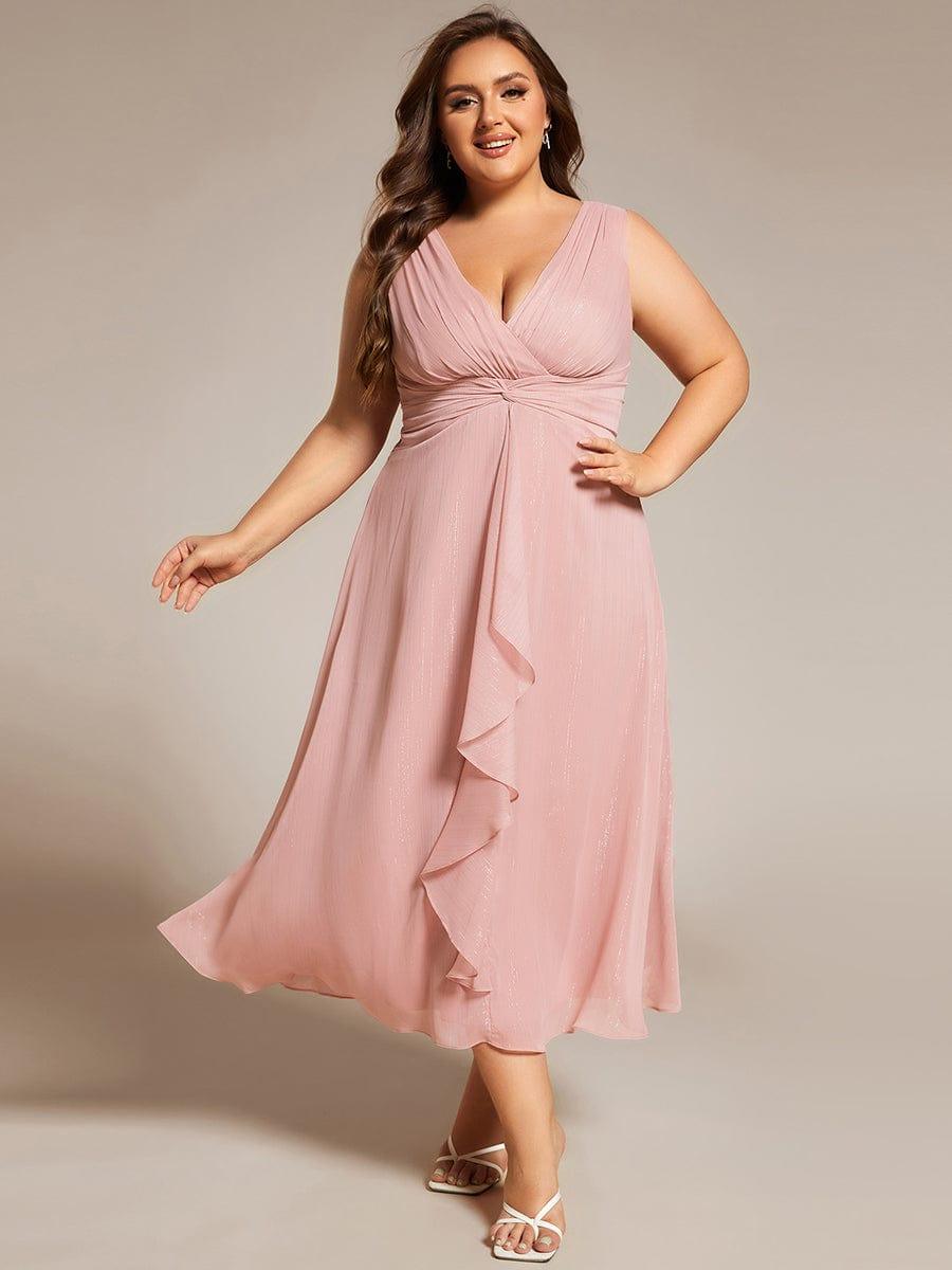 Plus Size Sleeveless Glittery Ruffled V-Neck Midi Wedding Guest Dress #color_Dusty Rose