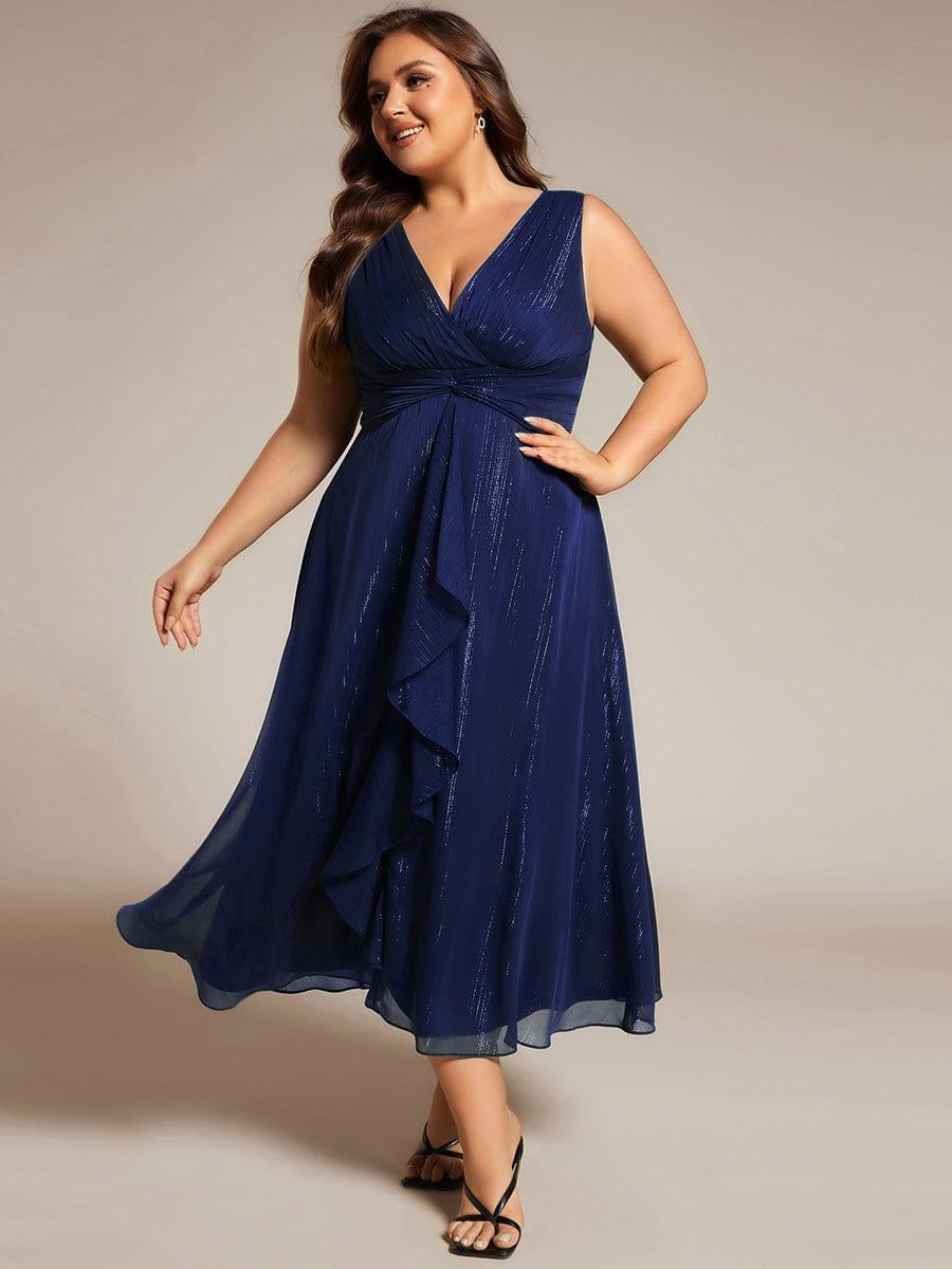 Plus Size Sleeveless Glittery Ruffled V-Neck Midi Wedding Guest Dress #color_Navy Blue