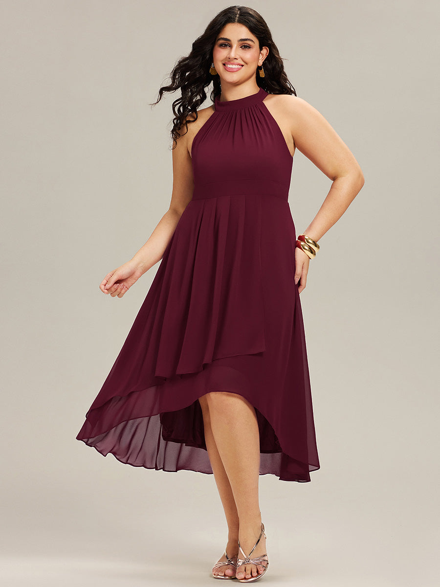 Flowy Plus Size Halter Neck Chiffon Midi Wedding Guest Dress #color_Burgundy