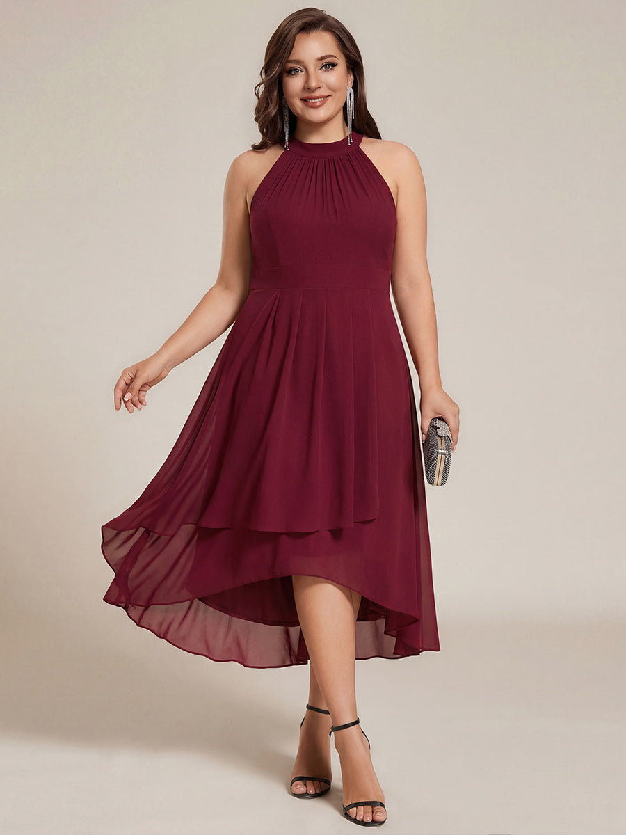 Flowy Plus Size Halter Neck Chiffon Midi Wedding Guest Dress #color_Burgundy