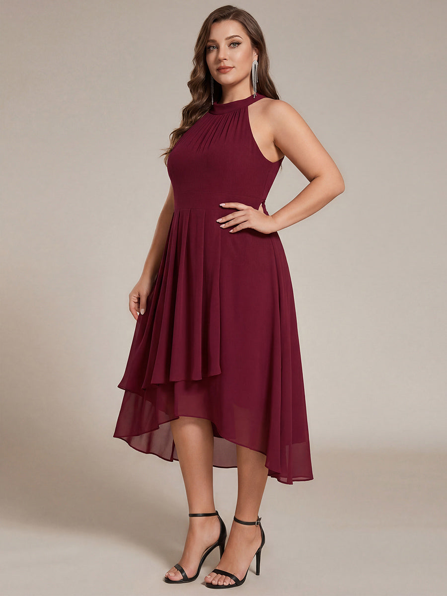 Midi Halter Neck Chiffon Wedding Guest Dress with Sleeveless and A-Line #color_Burgundy
