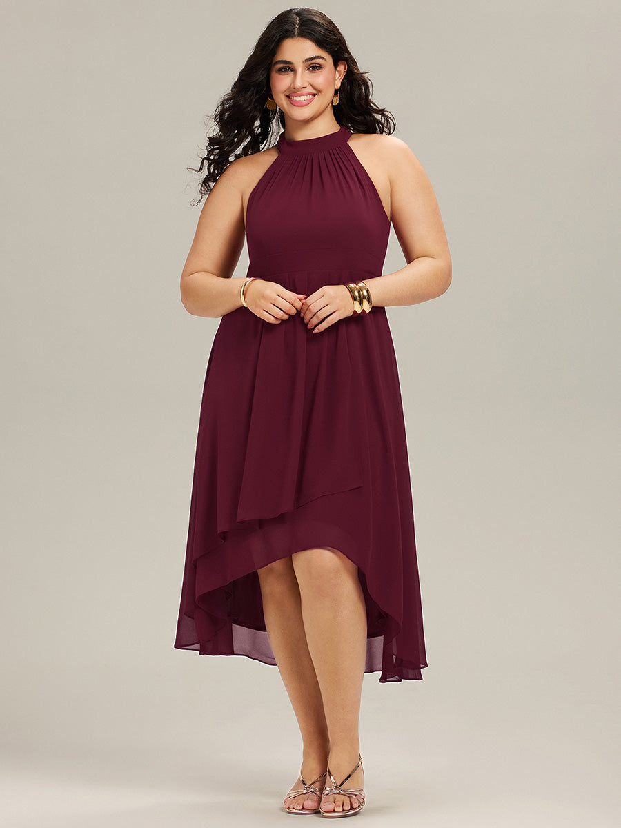 Flowy Plus Size Halter Neck Chiffon Midi Wedding Guest Dress #color_Burgundy