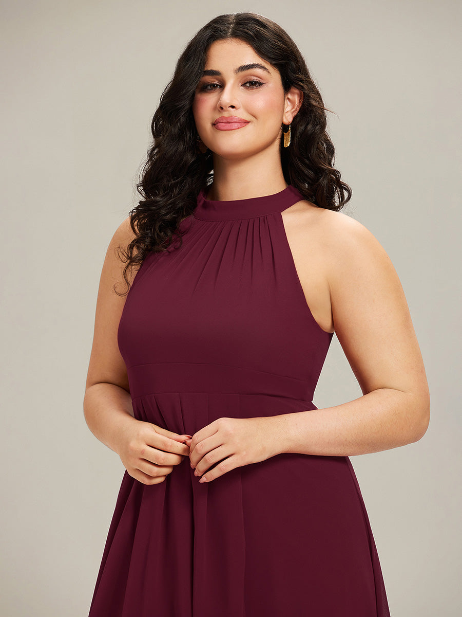 Midi Halter Neck Chiffon Wedding Guest Dress with Sleeveless and A-Line #color_Burgundy