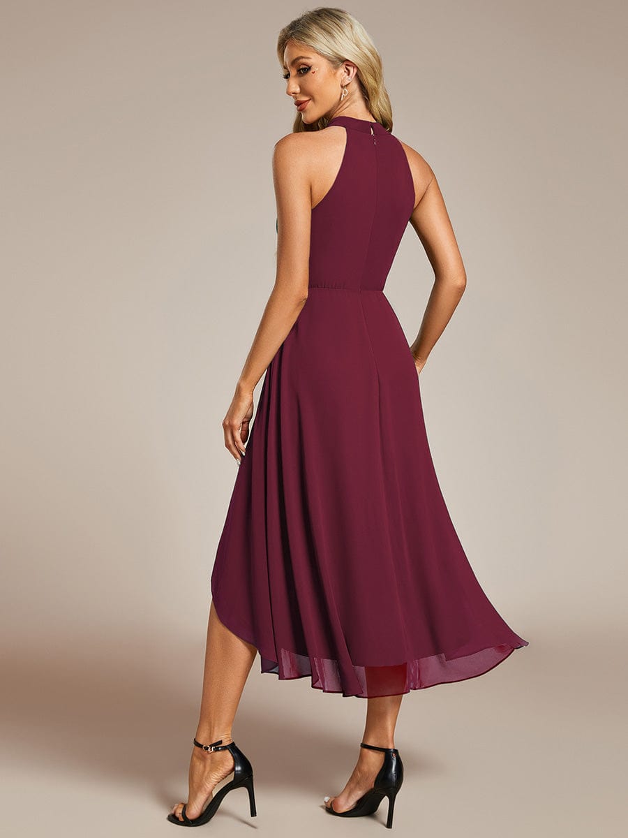 Midi Halter Neck Chiffon Wedding Guest Dress with Sleeveless and A-Line #color_Burgundy