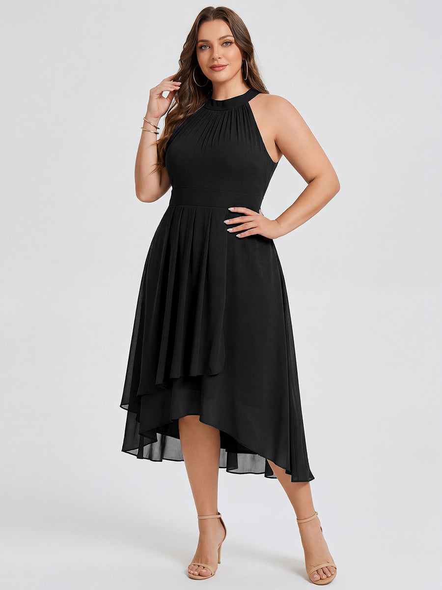 Gathered Chiffon Sleeveless Wedding Guest Dress #color_Black