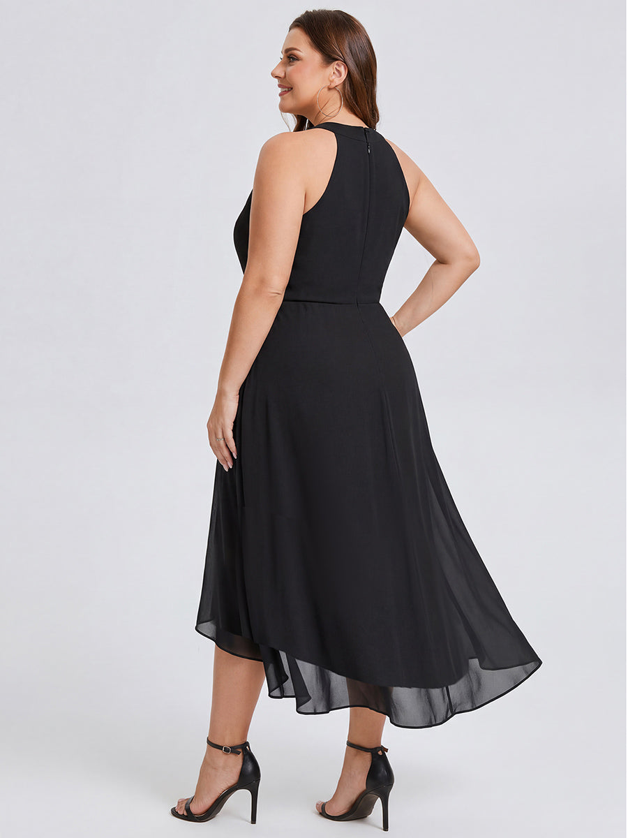 Midi Halter Neck Chiffon Wedding Guest Dress with Sleeveless and A-Line #color_Black