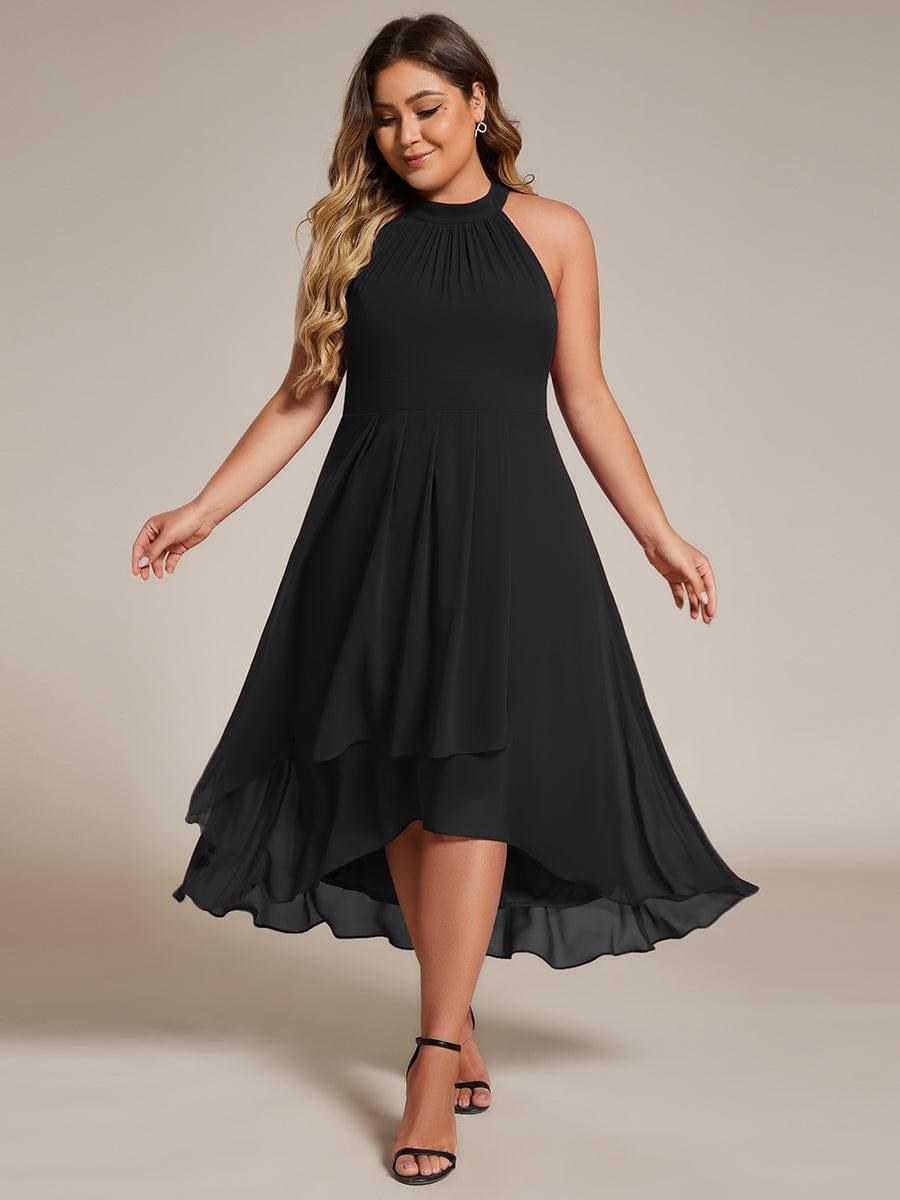 Flowy Plus Size Halter Neck Chiffon Midi Wedding Guest Dress #color_Black