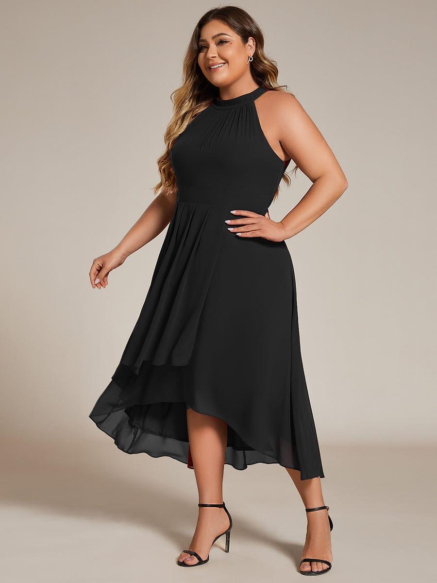 Flowy Plus Size Halter Neck Chiffon Midi Wedding Guest Dress #color_Black