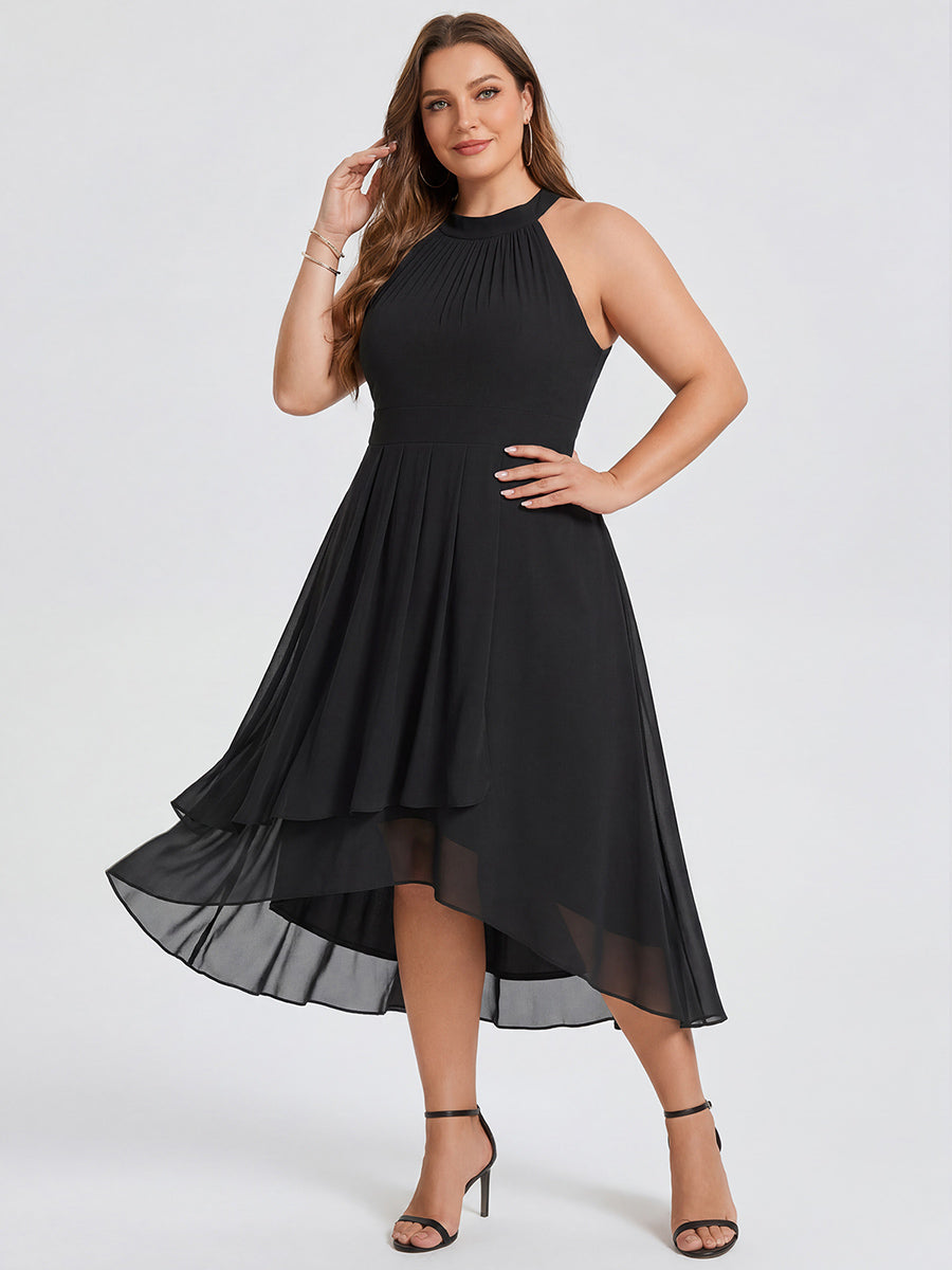 Flowy Plus Size Halter Neck Chiffon Midi Wedding Guest Dress #color_Black