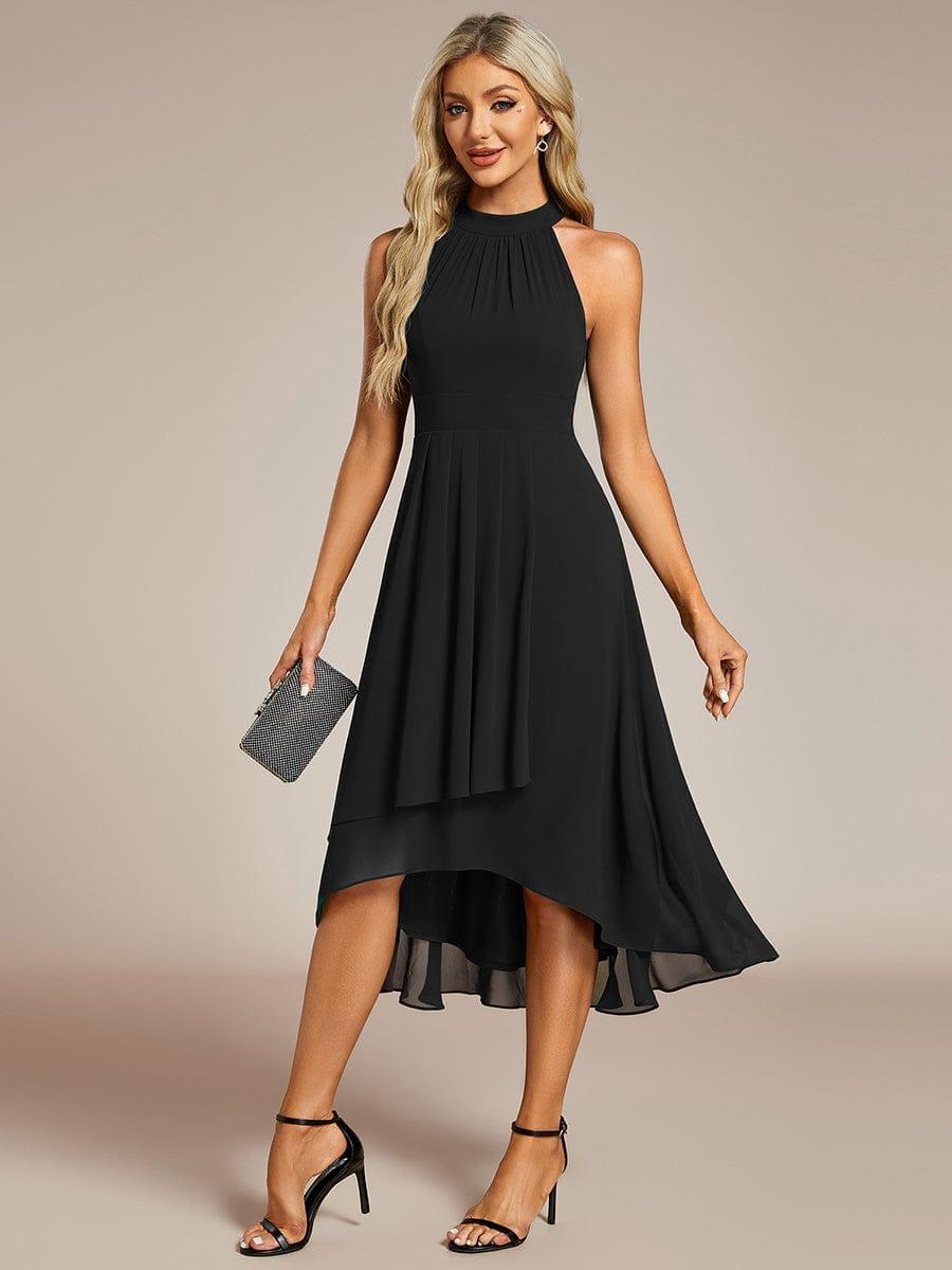 Midi Halter Neck Chiffon Wedding Guest Dress with Sleeveless and A-Line #color_Black