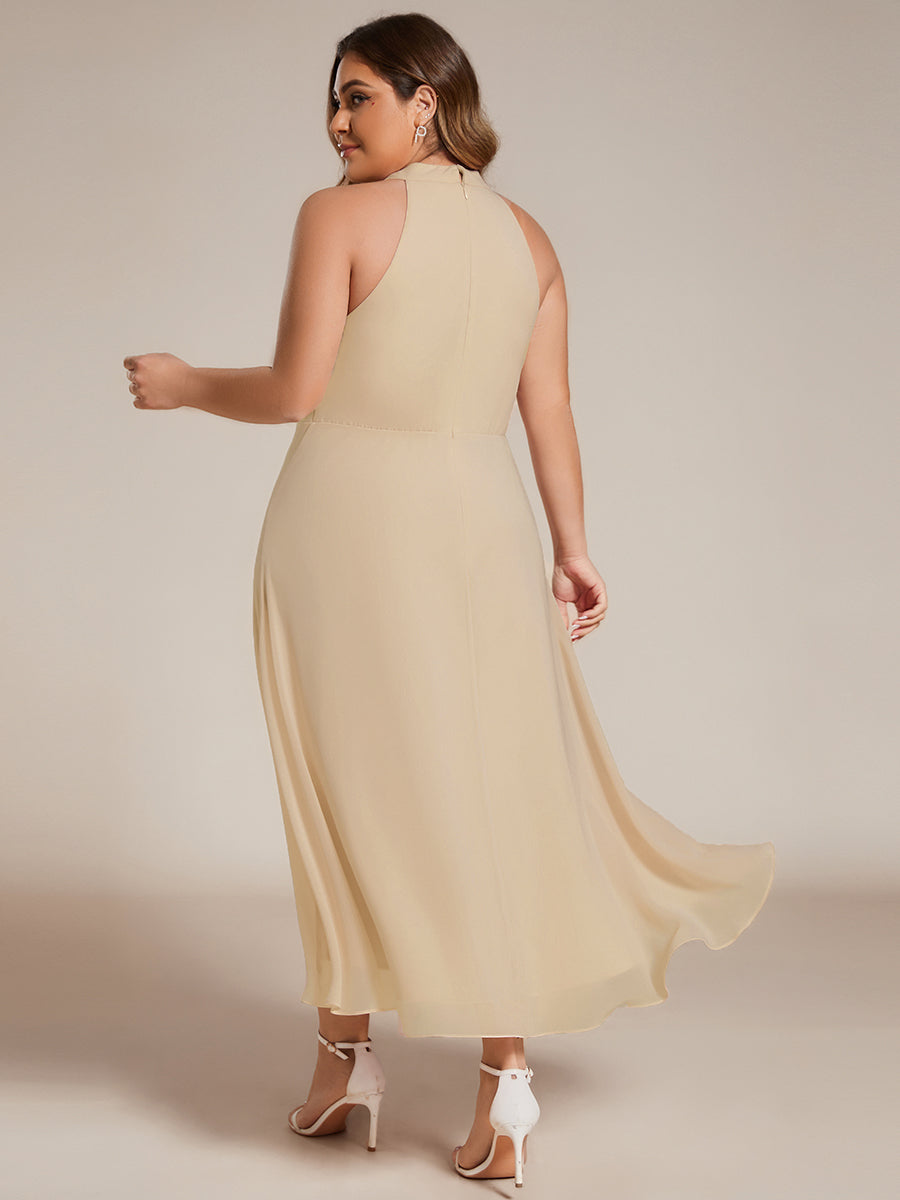 Midi Halter Neck Chiffon Wedding Guest Dress with Sleeveless and A-Line #color_Champagne