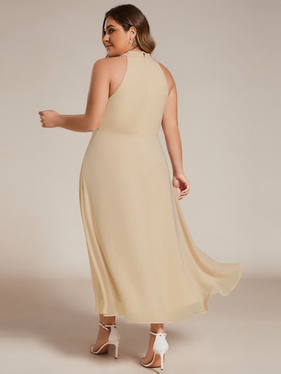 Flowy Plus Size Halter Neck Chiffon Midi Wedding Guest Dress #color_Champagne