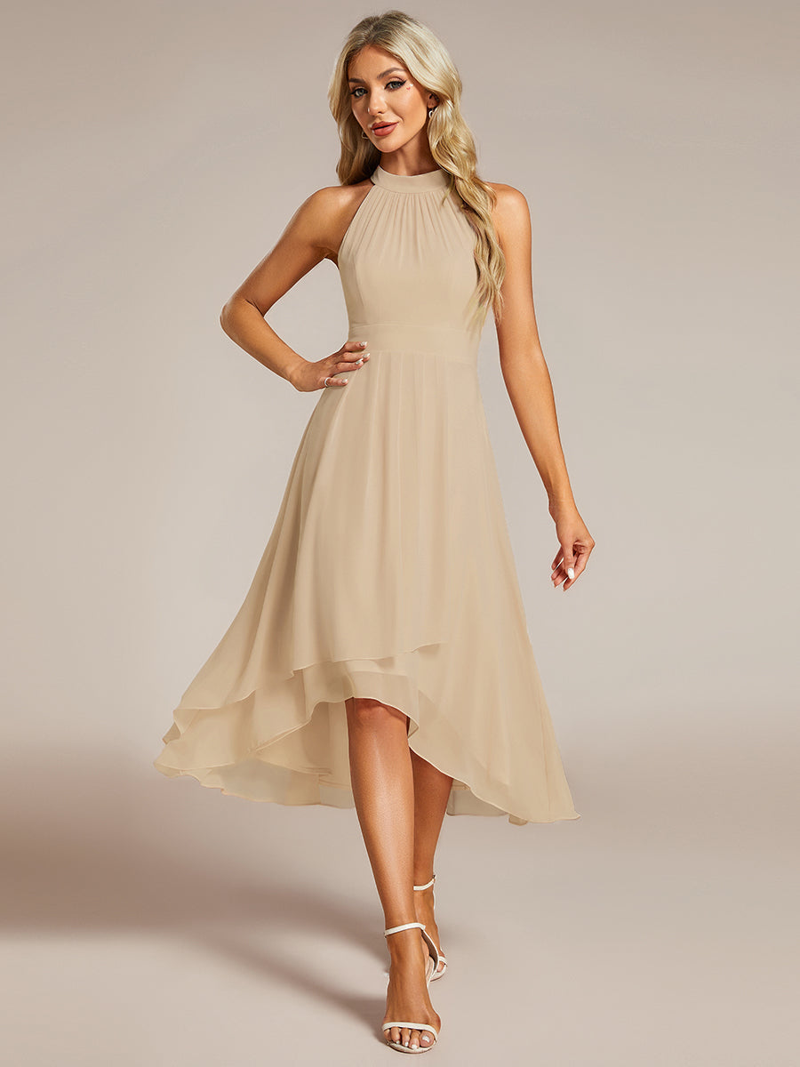 Midi Halter Neck Chiffon Wedding Guest Dress with Sleeveless and A-Line #color_Champagne