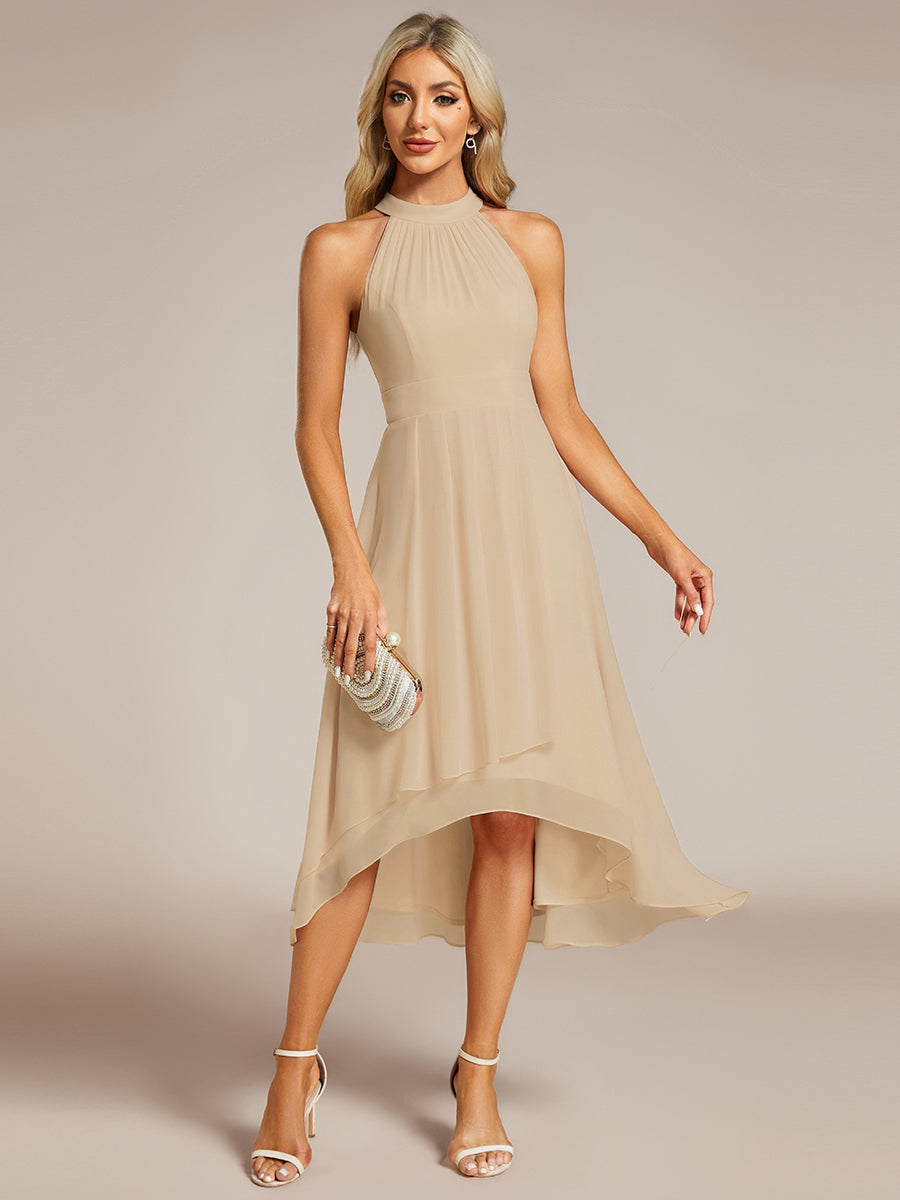 Midi Halter Neck Chiffon Wedding Guest Dress with Sleeveless and A-Line #color_Champagne