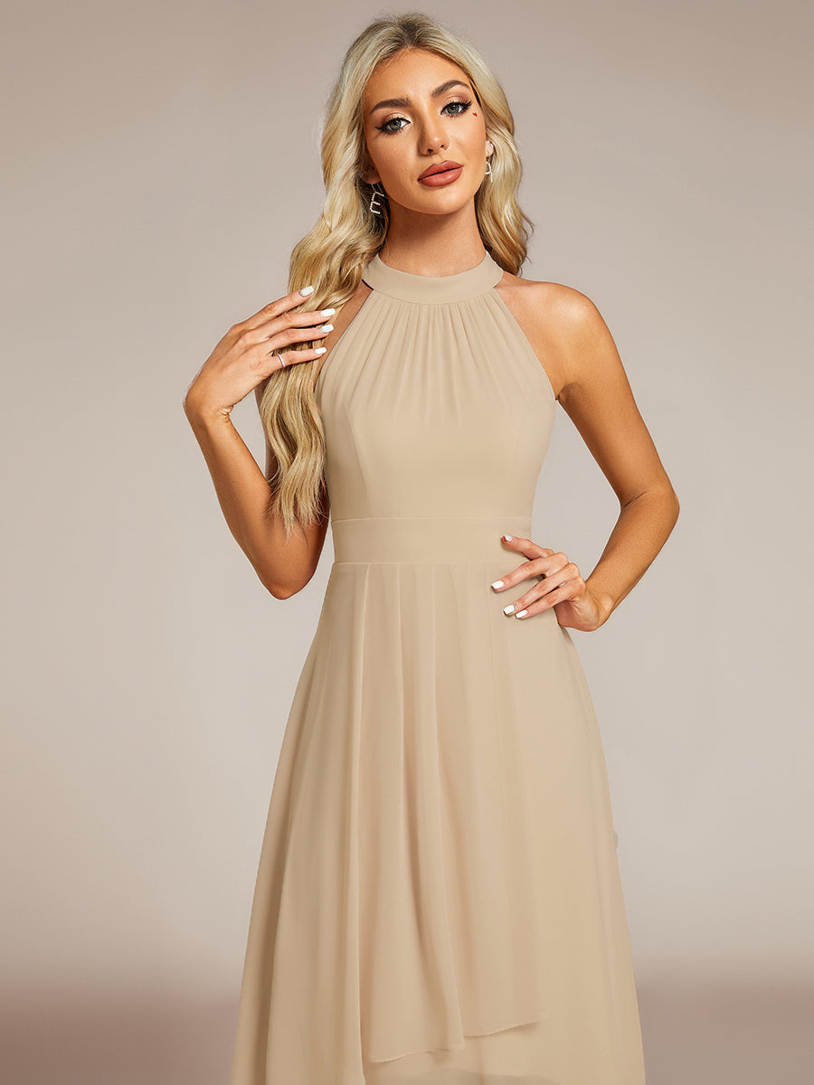 Midi Halter Neck Chiffon Wedding Guest Dress with Sleeveless and A-Line #color_Champagne