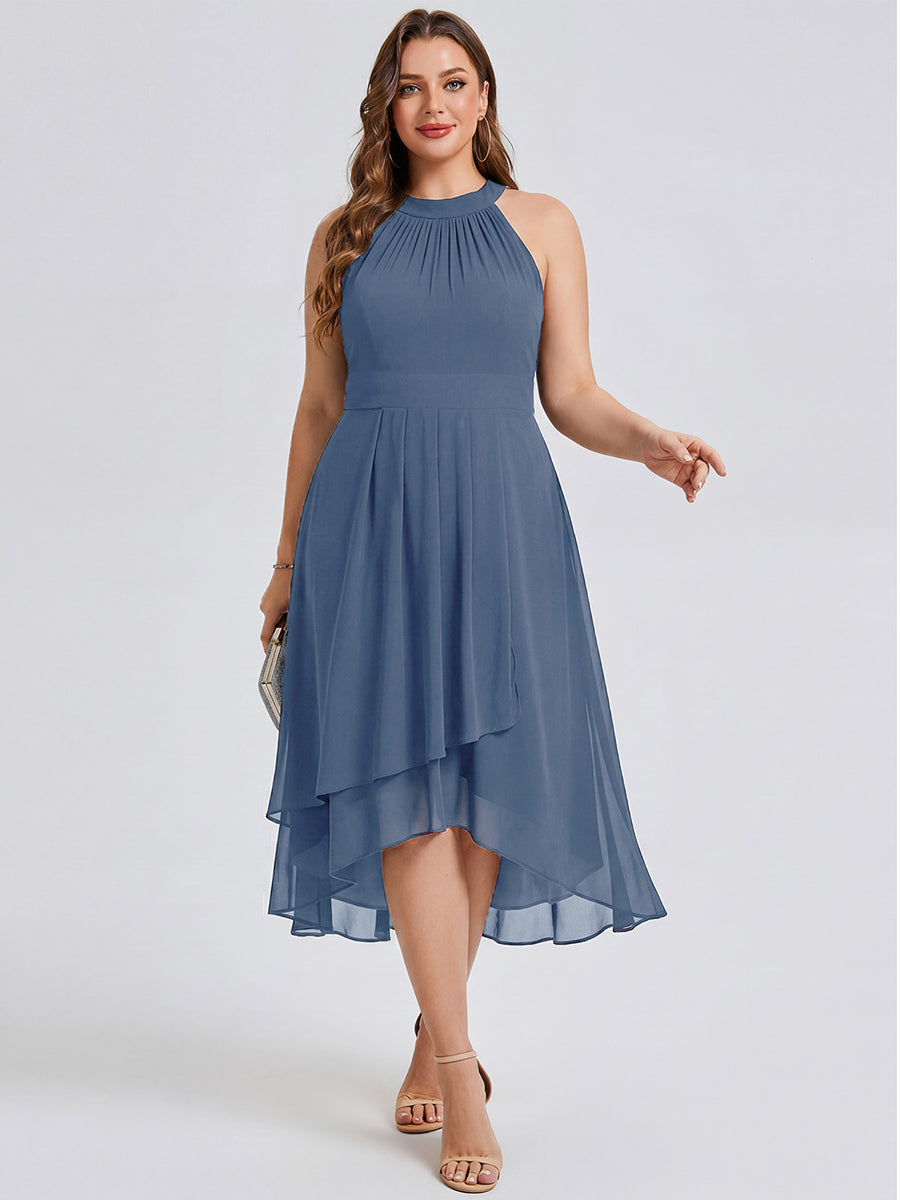 Flowy Plus Size Halter Neck Chiffon Midi Wedding Guest Dress #color_Dusty Blue
