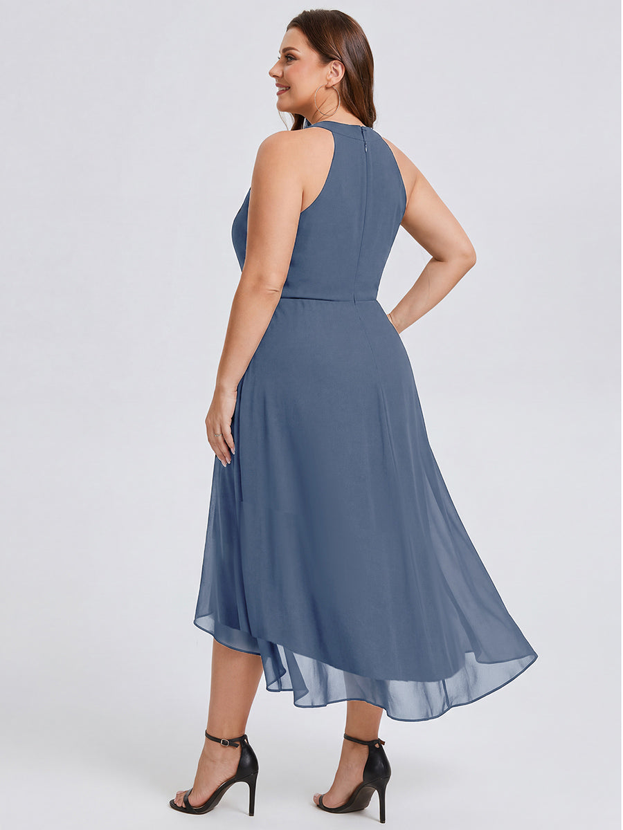 Flowy Plus Size Halter Neck Chiffon Midi Wedding Guest Dress #color_Dusty Blue