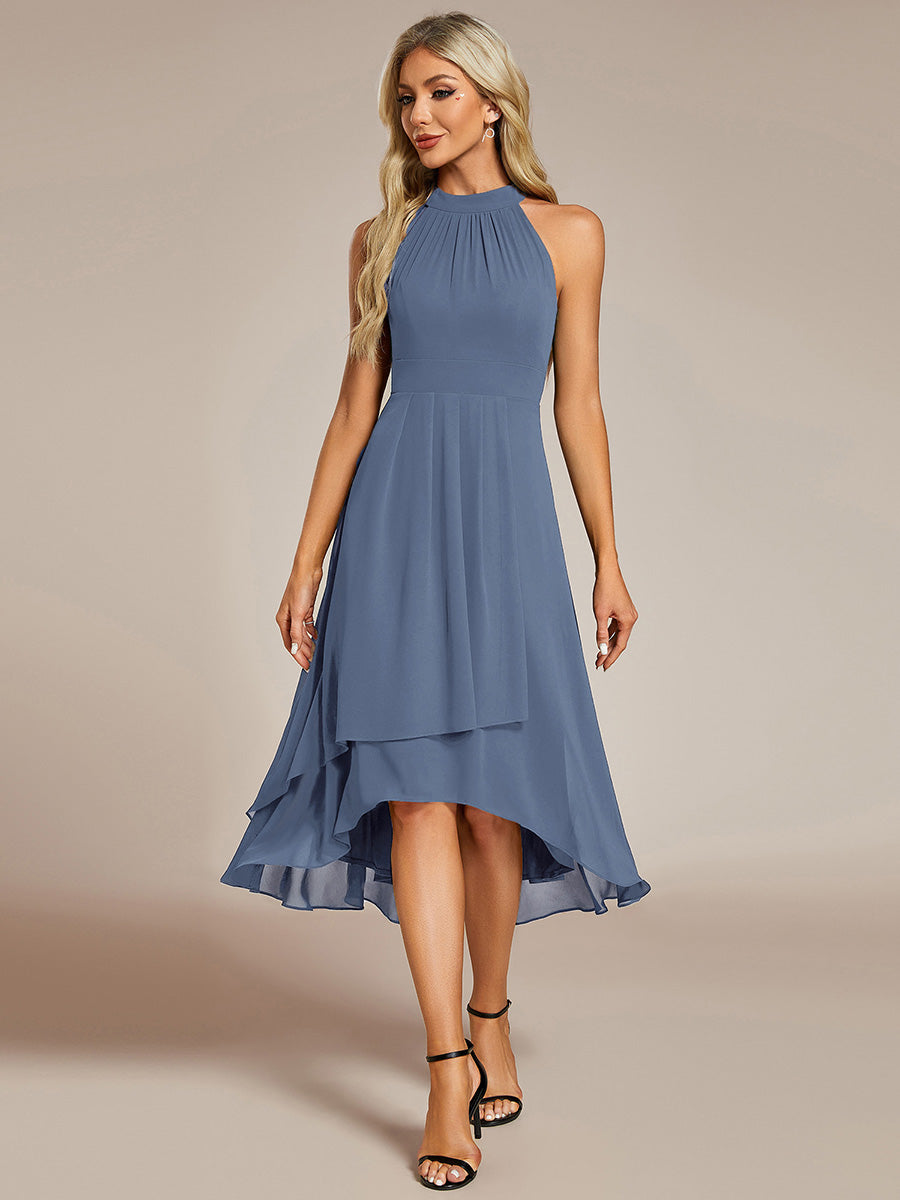 Midi Halter Neck Chiffon Wedding Guest Dress with Sleeveless and A-Line #color_Dusty Blue