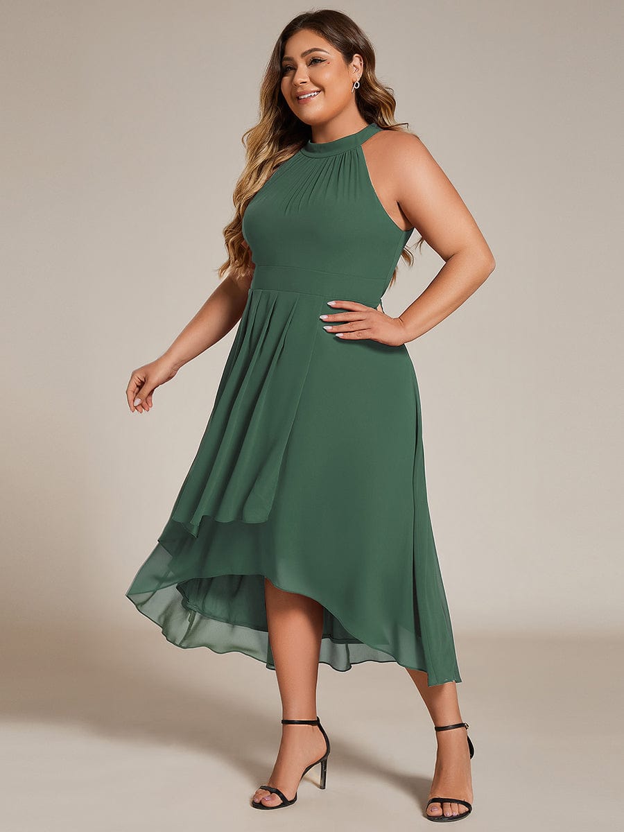 Midi Halter Neck Chiffon Wedding Guest Dress with Sleeveless and A-Line #color_Eucalyptus