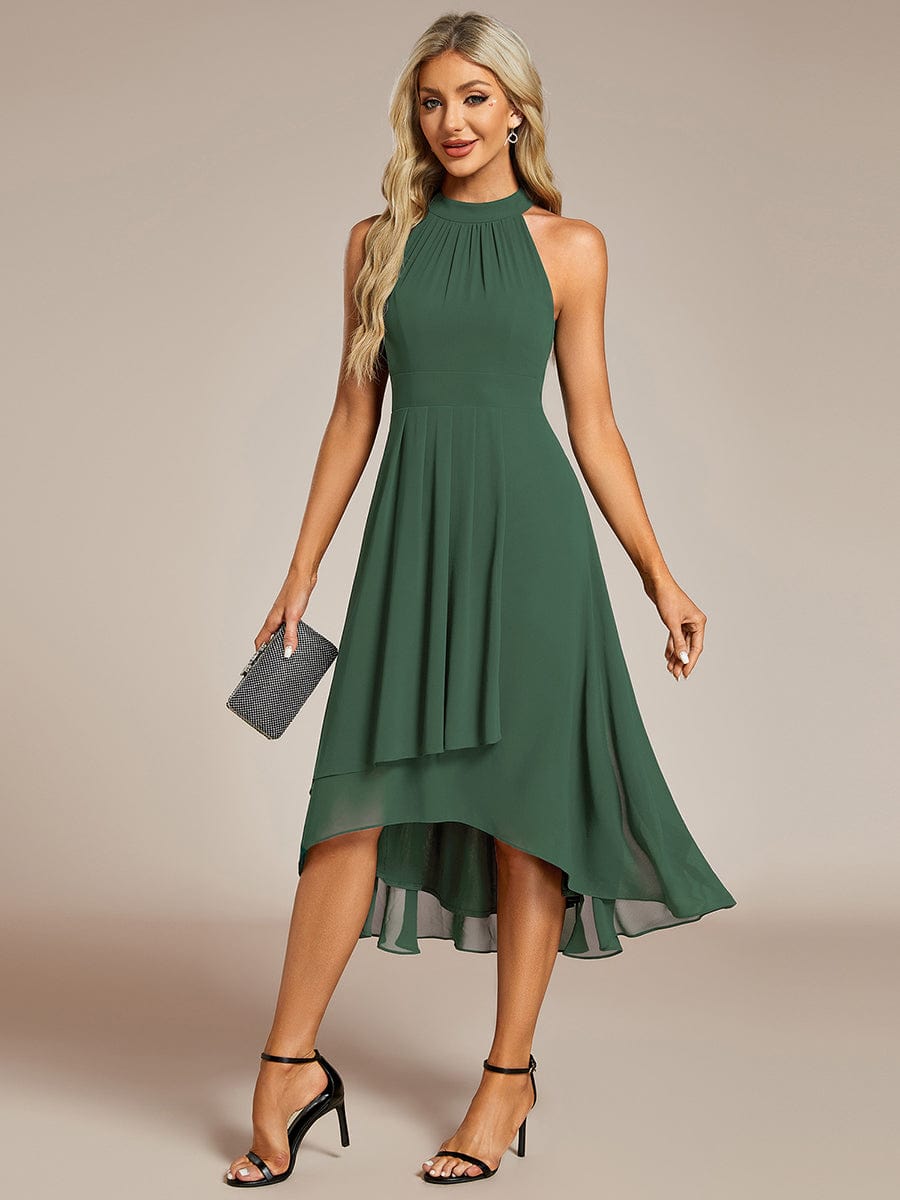 Midi Halter Neck Chiffon Wedding Guest Dress with Sleeveless and A-Line #color_Eucalyptus