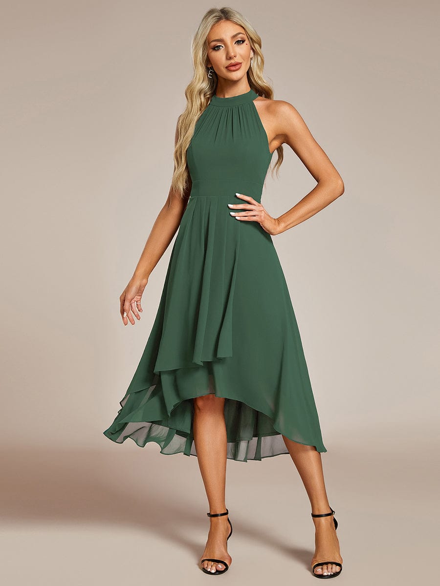 Midi Halter Neck Chiffon Wedding Guest Dress with Sleeveless and A-Line #color_Eucalyptus