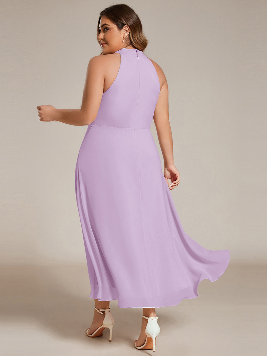 Midi Halter Neck Chiffon Wedding Guest Dress with Sleeveless and A-Line #color_Frosted Lilac