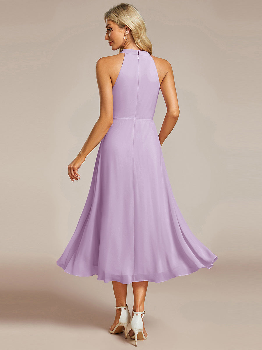 Midi Halter Neck Chiffon Wedding Guest Dress with Sleeveless and A-Line #color_Frosted Lilac