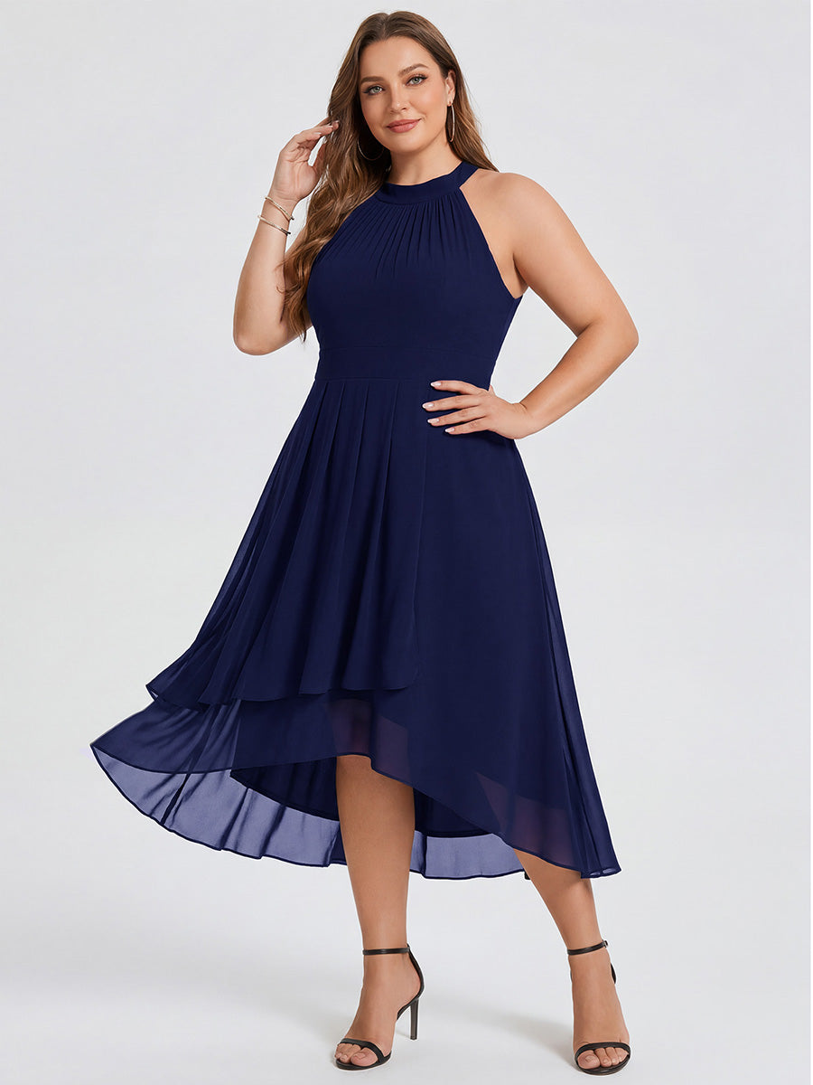 Midi Halter Neck Chiffon Wedding Guest Dress with Sleeveless and A-Line #color_Navy Blue