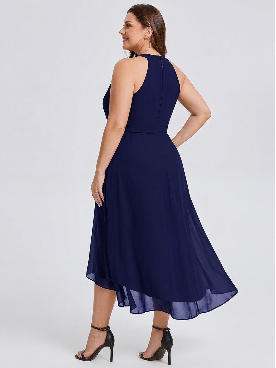 Midi Halter Neck Chiffon Wedding Guest Dress with Sleeveless and A-Line #color_Navy Blue